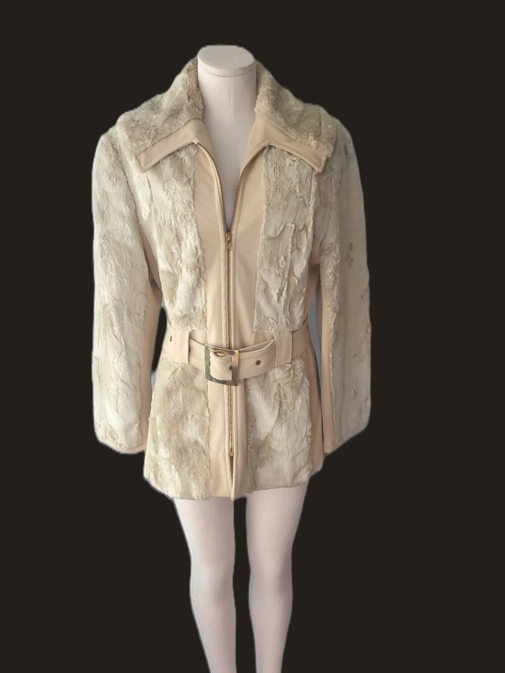60s Mod Faux Astrakhan Fur Car Coat - Greenlea Vegan Belted Jacket Size M